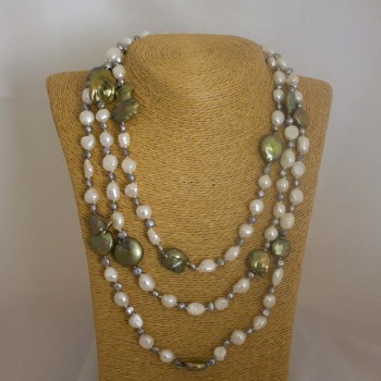 Halskette Süßwasserperlen, Endloskette, weiß, oliv, 160 cm