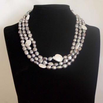 Halskette Süßwasserperlen, Endloskette, weiß, silber, 154 cm