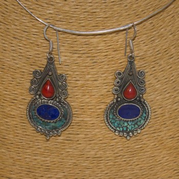 Ohrhänger, Tribal-Ohrhänger, Lapislazuli, Korallen, Türkis, 925 Silber