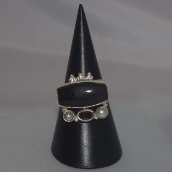 Ring Onyx, Amethyst, Perlen, 925 Silber